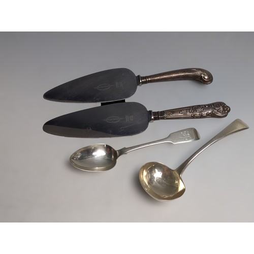 352 - Four pieces of flatware, comprising: a George III Old English pattern sauce ladle, Solomon Hougham, ... 