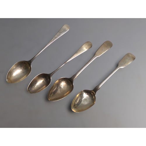 362 - Four various silver teaspoons, including three George III and one William IV, and a late Victorian s... 