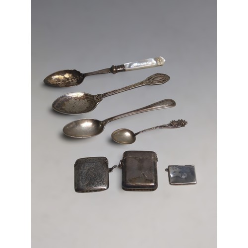 369 - Two silver vesta cases, an envelope stamp case and a teaspoon various maker's and early 20... 