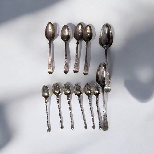 371 - Various silver spoons, comprising: George III bright-cut two dessert spoons and set of four teaspoon... 