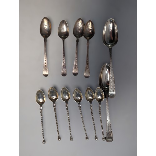 371 - Various silver spoons, comprising: George III bright-cut two dessert spoons and set of four teaspoon... 