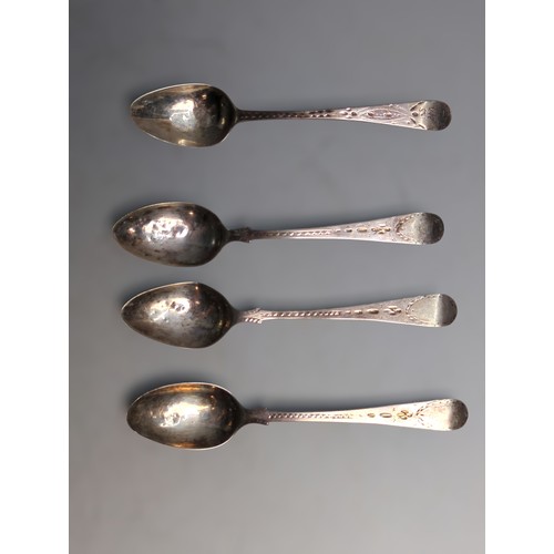 371 - Various silver spoons, comprising: George III bright-cut two dessert spoons and set of four teaspoon... 