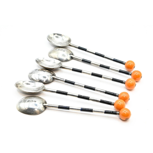 378 - Rare set of six Art Deco silver, enamel and bakelite coffee spoons modelled as Belisha beacons, Bark... 