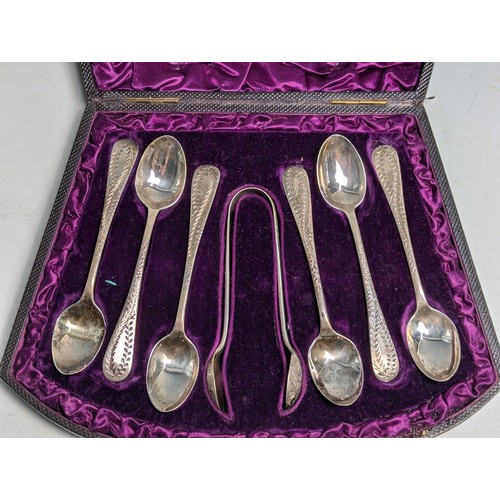 385 - Cased set of six Late Victorian silver coffee spoons and a pair of sugar nips, Sibray, Hall & Co... 