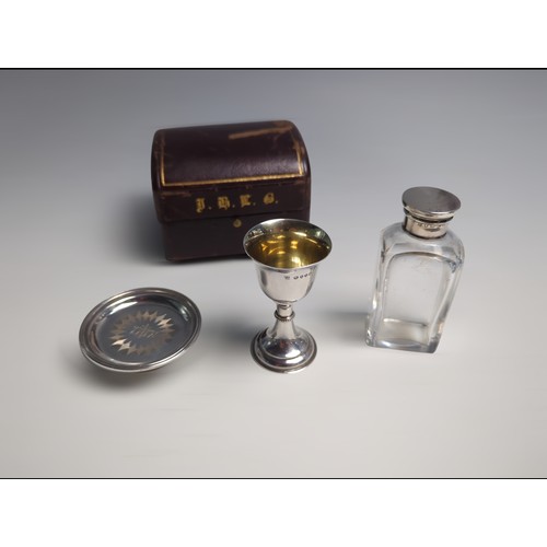 389 - Cased Late Victorian silver travelling three piece communion set, chalice and paten hallmarked Willi... 