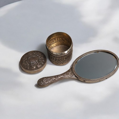 399 - Edwardian silver vanity pot and silver mounted hand mirror, SJ, London 1901, the base of the po... 