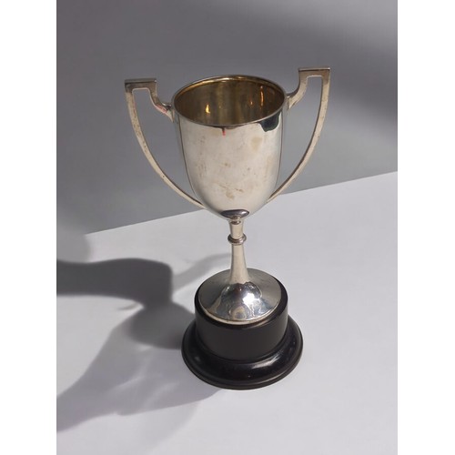 421 - Silver twin-handled trophy cup, unengraved, stamped 'silver', cup height 18.8cm, 215 grams, together... 