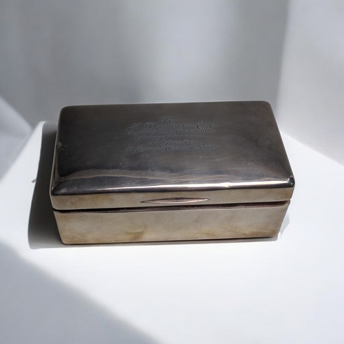 423 - George V silver presentation cigarette box, makers mark rubbed, London 1923, retailed by Wilson &... 