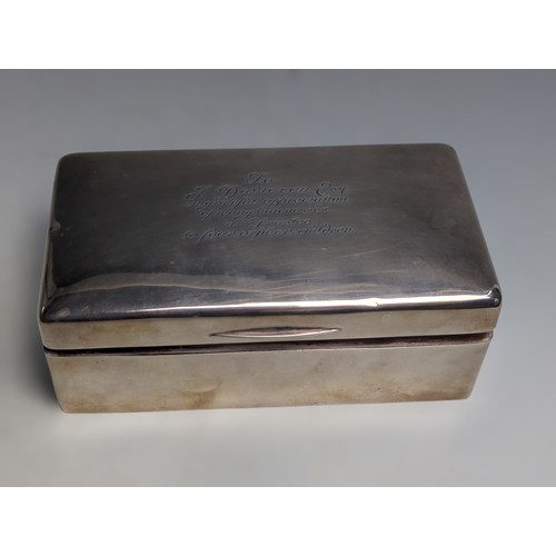 423 - George V silver presentation cigarette box, makers mark rubbed, London 1923, retailed by Wilson &... 