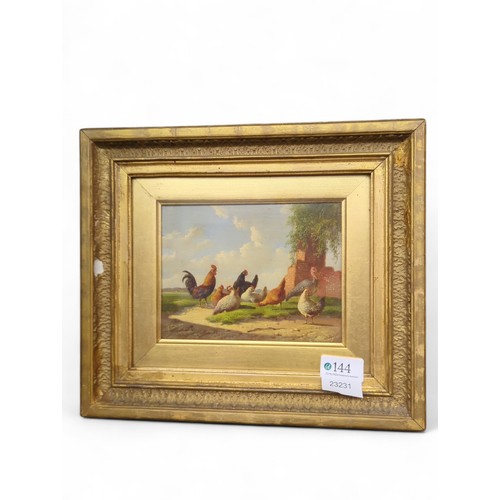 426 - Albertus Verhoesen (1806-1881) Cockerel with chickens, oil on panel, signed lower left and dated 187... 