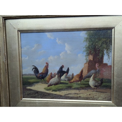 426 - Albertus Verhoesen (1806-1881) Cockerel with chickens, oil on panel, signed lower left and dated 187... 