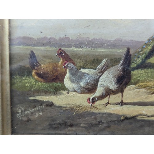 427 - Albertus Verhoesen (1806-1881) Peacock with poultry, oil on panel, signed lower left and dated 1871,... 