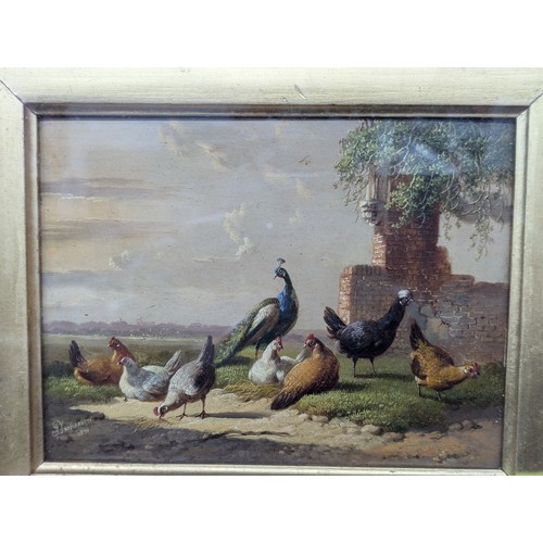 427 - Albertus Verhoesen (1806-1881) Peacock with poultry, oil on panel, signed lower left and dated 1871,... 