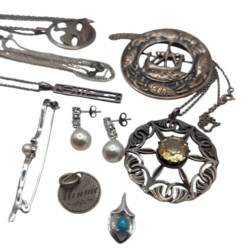 281 - Collection of silver jewellery, including a John Hart Edinburgh 1977 citrine set pendant, Viking shi... 