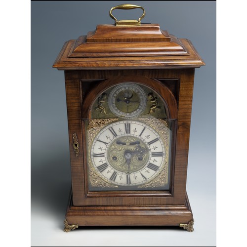 439 - C18th bracket clock by Jon Crampton, Dublin. Subsidiary inscribed 'Full Sea at Dublin' and flanked b... 