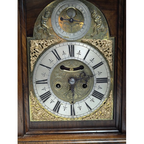 439 - C18th bracket clock by Jon Crampton, Dublin. Subsidiary inscribed 'Full Sea at Dublin' and flanked b... 