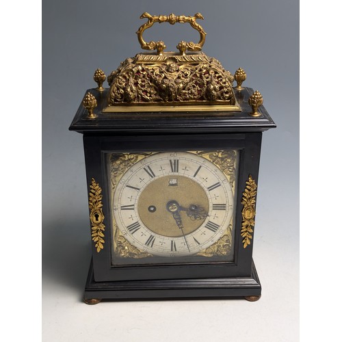 443 - Ebony basket top bracket clock by R.Thompson, London, circa 1685, with 17.5cm square brass dial with... 