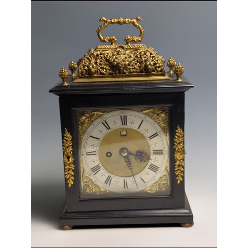 443 - Ebony basket top bracket clock by R.Thompson, London, circa 1685, with 17.5cm square brass dial with... 