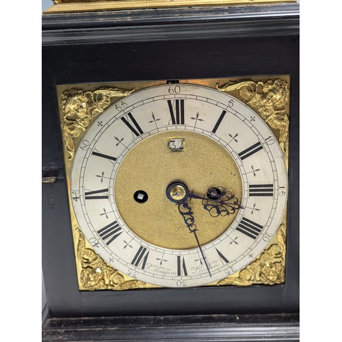 443 - Ebony basket top bracket clock by R.Thompson, London, circa 1685, with 17.5cm square brass dial with... 