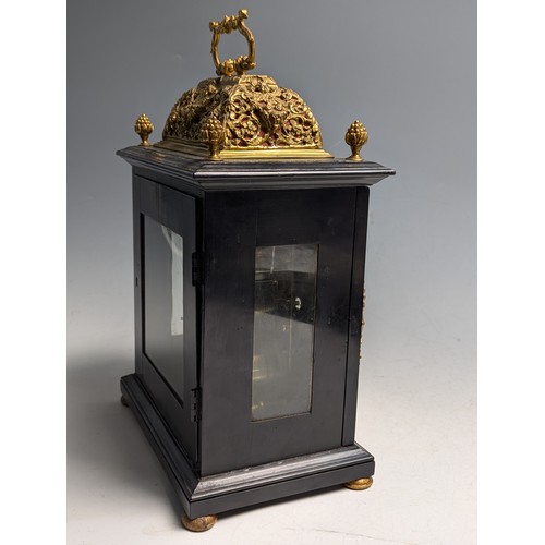 443 - Ebony basket top bracket clock by R.Thompson, London, circa 1685, with 17.5cm square brass dial with... 