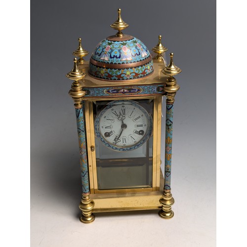 444 - A French champlevé enamel and gilt brass portico clock, with domed top and enamelled panels w... 