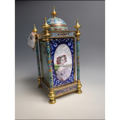 444 - A French champlevé enamel and gilt brass portico clock, with domed top and enamelled panels w... 