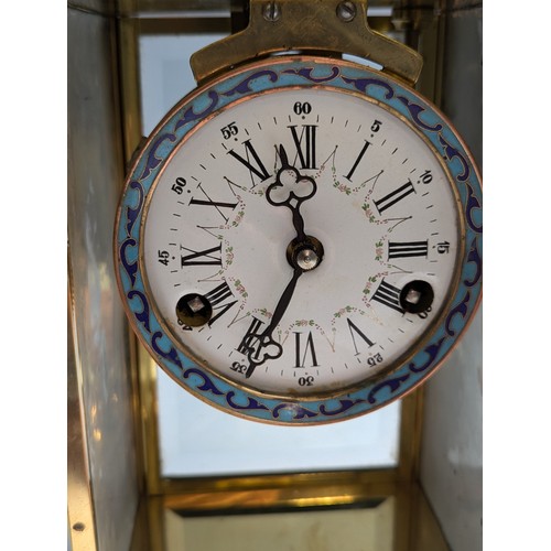 444 - A French champlevé enamel and gilt brass portico clock, with domed top and enamelled panels w... 