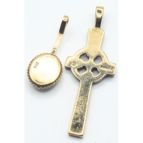 255 - Two 9ct gold pendants, one designed as a Celtic cross and the other set with an opal, cross pendant ... 