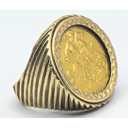 294 - Elizabeth II 1982 full sovereign, mounted in hallmarked 9ct gold ring, size R, gross weight 18 ... 