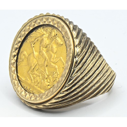 294 - Elizabeth II 1982 full sovereign, mounted in hallmarked 9ct gold ring, size R, gross weight 18 ... 