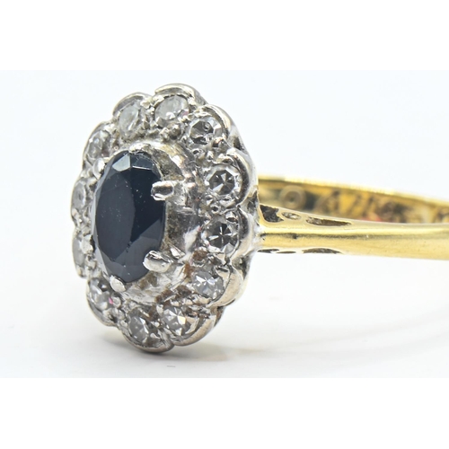 264 - 18ct gold, platinum, sapphire and diamond cluster ring, dated personal inscription to inside band, m... 