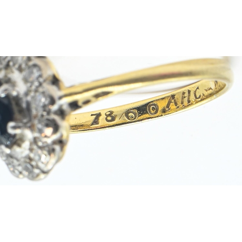 264 - 18ct gold, platinum, sapphire and diamond cluster ring, dated personal inscription to inside band, m... 