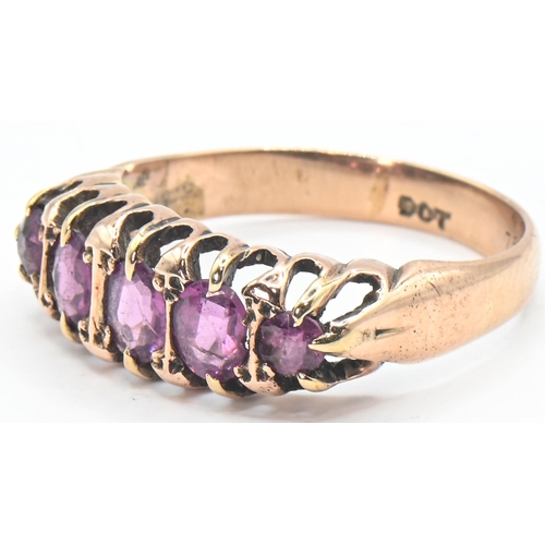 266 - 9ct gold and five purple stone ring, stamped 9CT, size O1/2, gross weight 2.87 grams