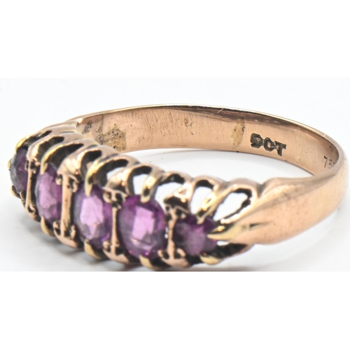 266 - 9ct gold and five purple stone ring, stamped 9CT, size O1/2, gross weight 2.87 grams