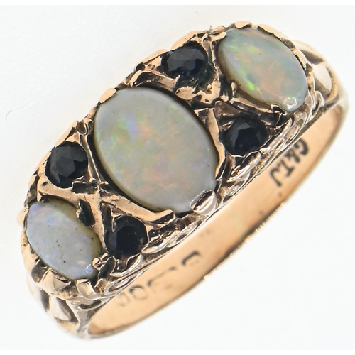 272 - 9ct gold, opal and blue stone ring, blue stone tested as spinel, Birmingham hallmark, size L1/2, gro... 