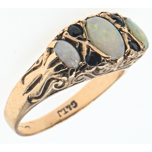 272 - 9ct gold, opal and blue stone ring, blue stone tested as spinel, Birmingham hallmark, size L1/2, gro... 