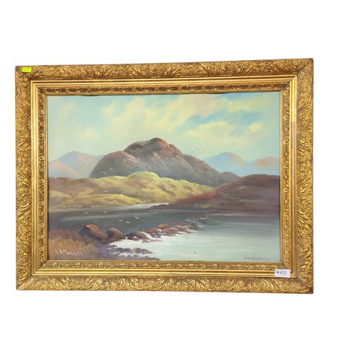 431 - R A Murray (Irish C20th) oil on canvas of Loch Lomond, signed lower left, in ornate gilt frame 77 x ... 