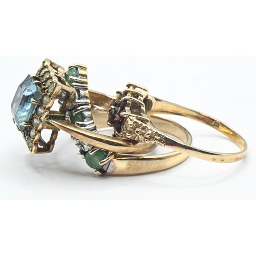 275 - Three 9ct gold gem-set rings, including an aquamarine cluster, sizes N and O, gross weight 7.75 gram... 