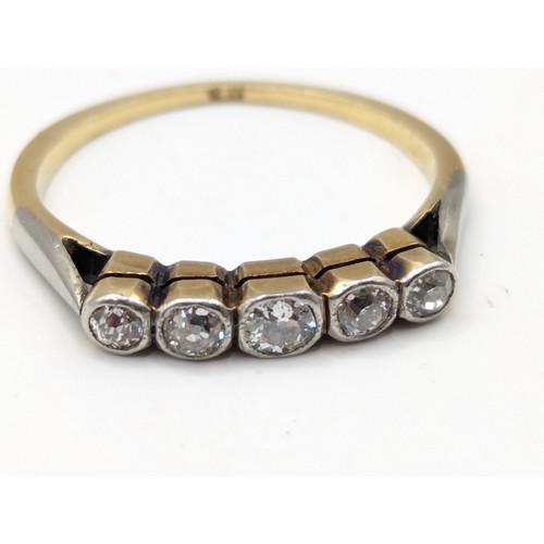 151A - Five stone diamond ring bezel set with old European cut diamonds, mounted on 18ct gold (thinning at ... 