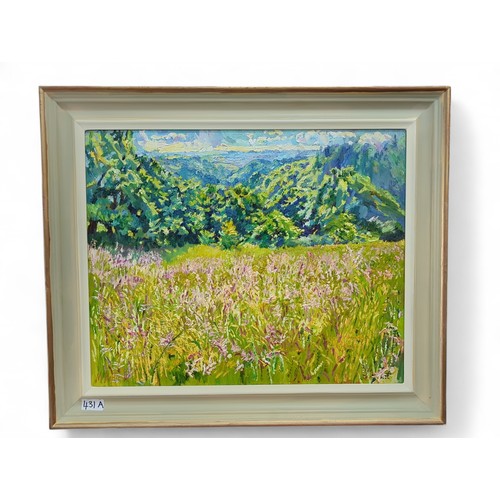 431A - Mary Martin (Cornish b.1951), oil on board titled 'Meadow Grasses and Summer Woods in the Valley', s... 