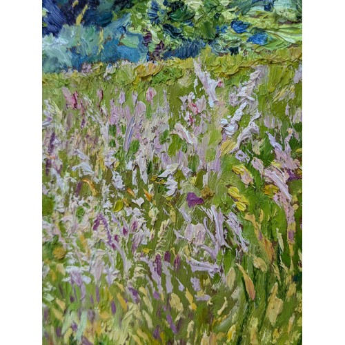 431A - Mary Martin (Cornish b.1951), oil on board titled 'Meadow Grasses and Summer Woods in the Valley', s... 