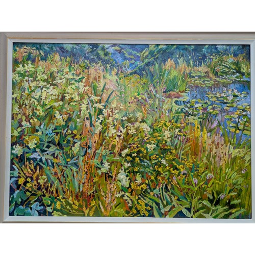 431B - Mary Martin (Cornish b.1951) oil on board of a garden scene, signed M.Martin lower right and dated '... 