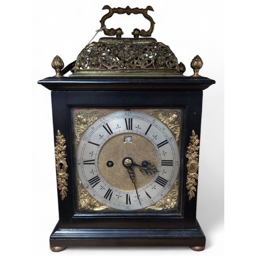 443 - Ebony basket top bracket clock by R.Thompson, London, circa 1685, with 17.5cm square brass dial with... 