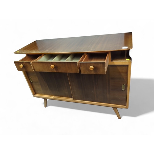 21 - Mid-century Avalon Yatton sideboard with 3 drawers and lower sliding cupboard. W122cm D50cm H88cm.