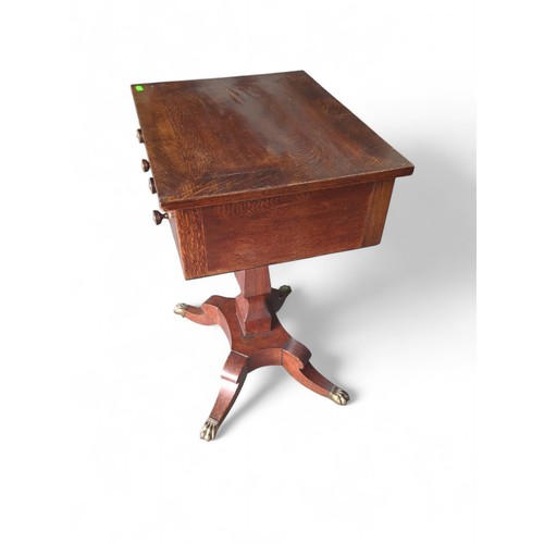 29 - Small mahogany pedestal work table with single drawer and false drawer to opposite side. On brass ca... 