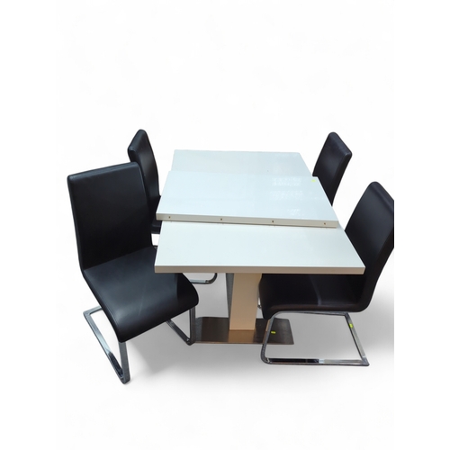 35 - Morden white and chrome extendable table with 4 black chairs 