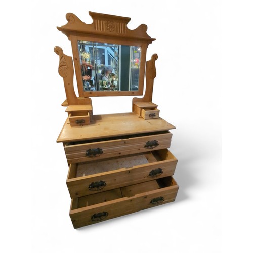 48 - Pine dressing table with bevelled swing mirror, 2 small drawers on top and 3 lower drawers. W92cm D4... 