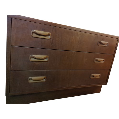 57 - Mid-century style chest of 3 drawers with E Gnome Ltd label to back. W81cm D46cm H54cm.