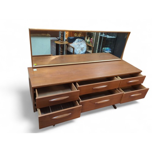 59 - Teak mid century Austin Suite dressing table with mirror and six drawers L153 x D42 x H114cm to top ... 