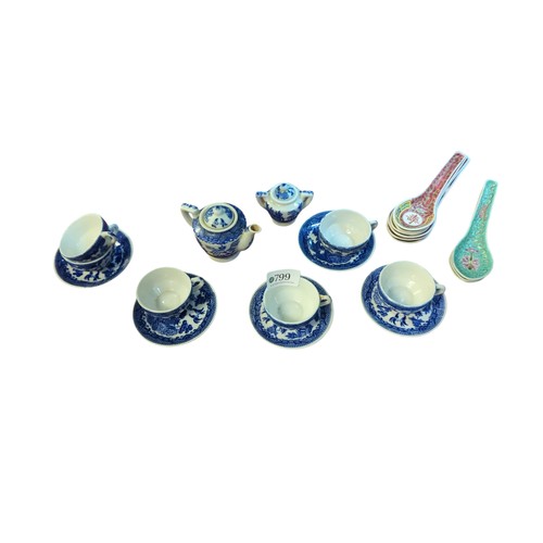 799 - Miniature blue and white Old Willow Pattern tea set for six, missing one saucer